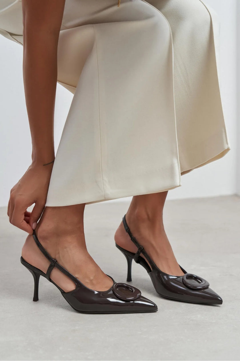 NEREID BROWN PATENT ACCESSORY DETAIL POINTED-TOE SLINGBACK HEEL