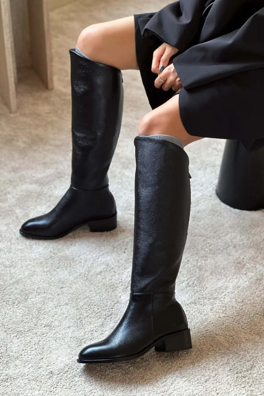 RUBY BLACK GENUINE LEATHER SLOT-TOE WOMEN'S HIGH-HEEL BOOTS