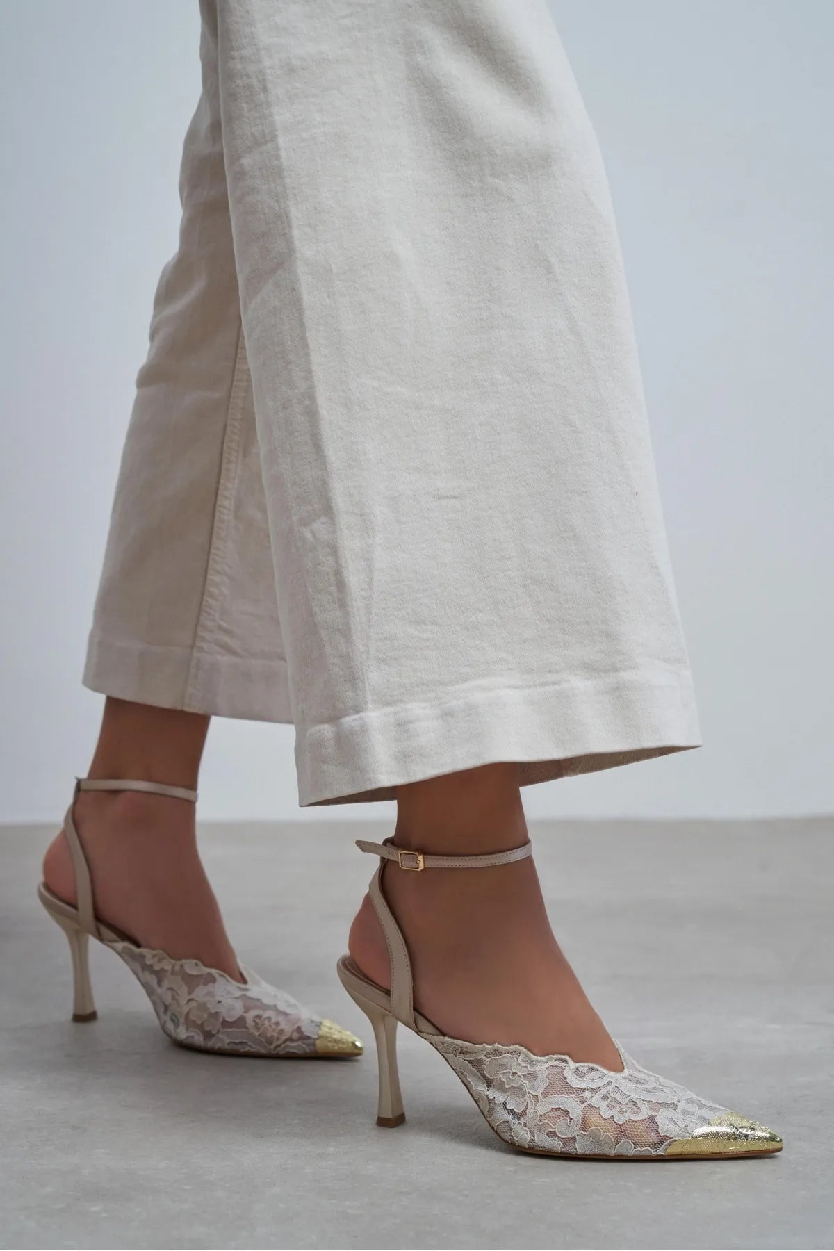 HANNAH Beige Lace Embroidered Detail Back Strap Women’s Heels