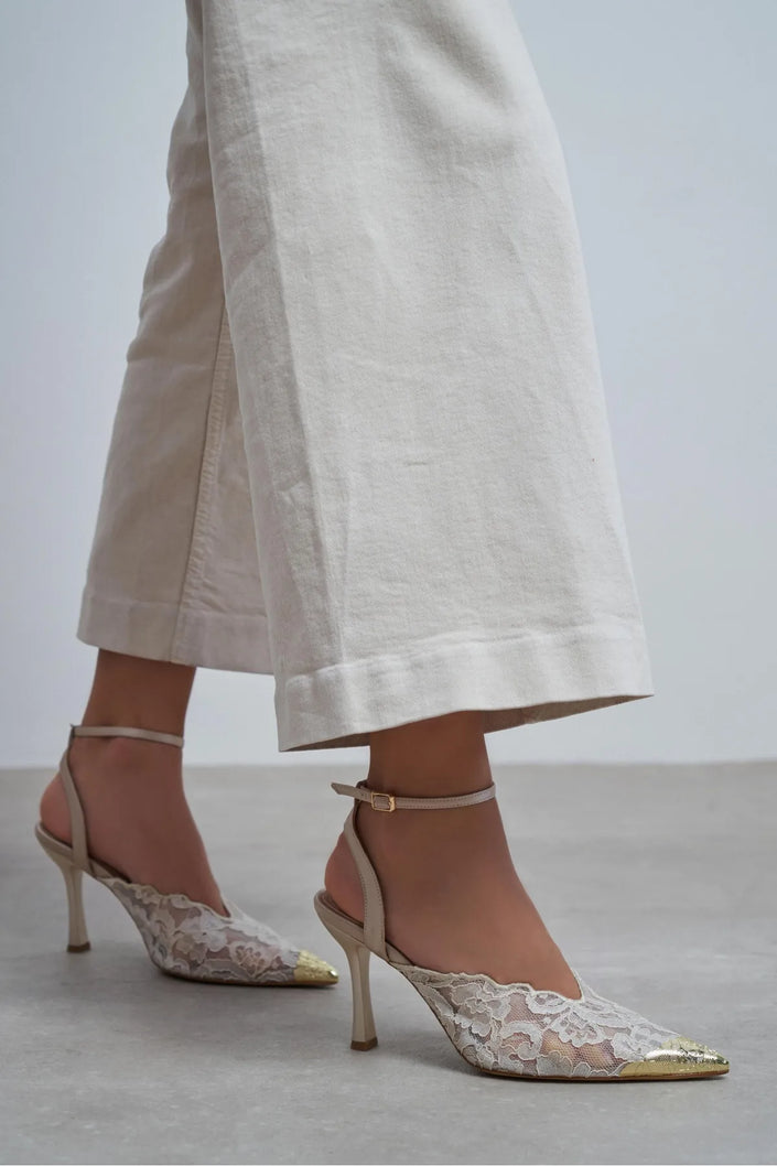 HANNAH Beige Lace Embroidered Detail Back Strap Women’s Heels