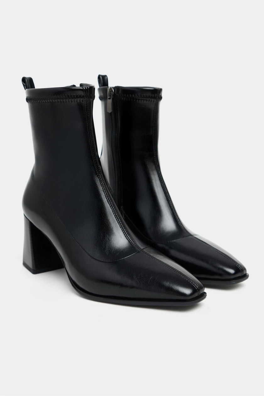 NIXIE BLACK MATTE STRETCH DETAIL THICK-HEEL WOMEN'S BOOTS