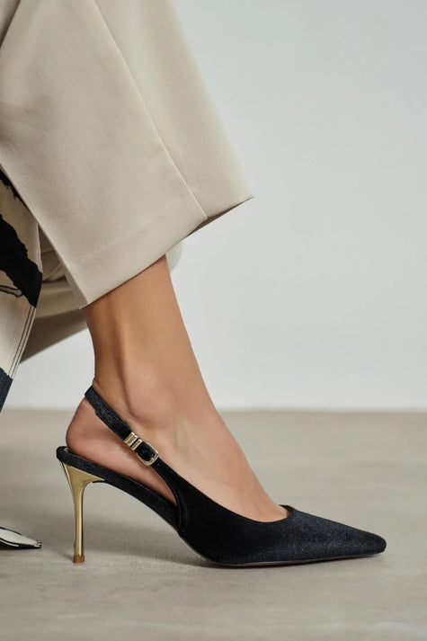 VIORA Black Velvet Buckle Detail Women’s Gold Heel Shoes