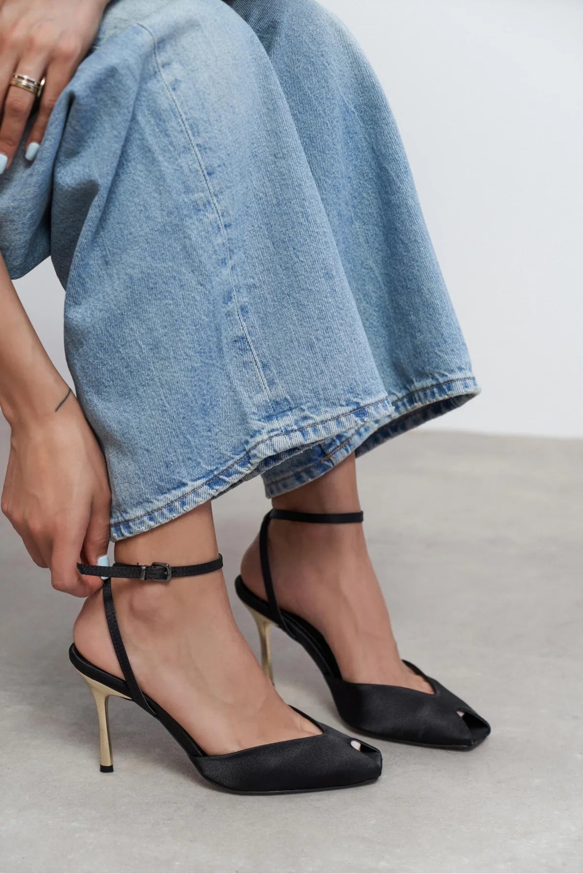 VELA Black Satin Ankle Tie Open Toe Women’s Heels