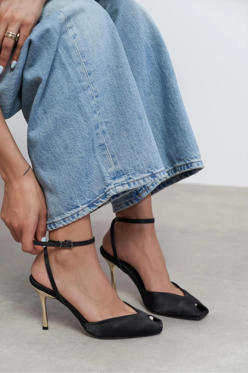 VELA Black Satin Ankle Tie Open Toe Women’s Heels