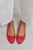 MAGNI RED LACE EMBROIDERED BOW DETAIL WOMEN’S BALLET FLATS