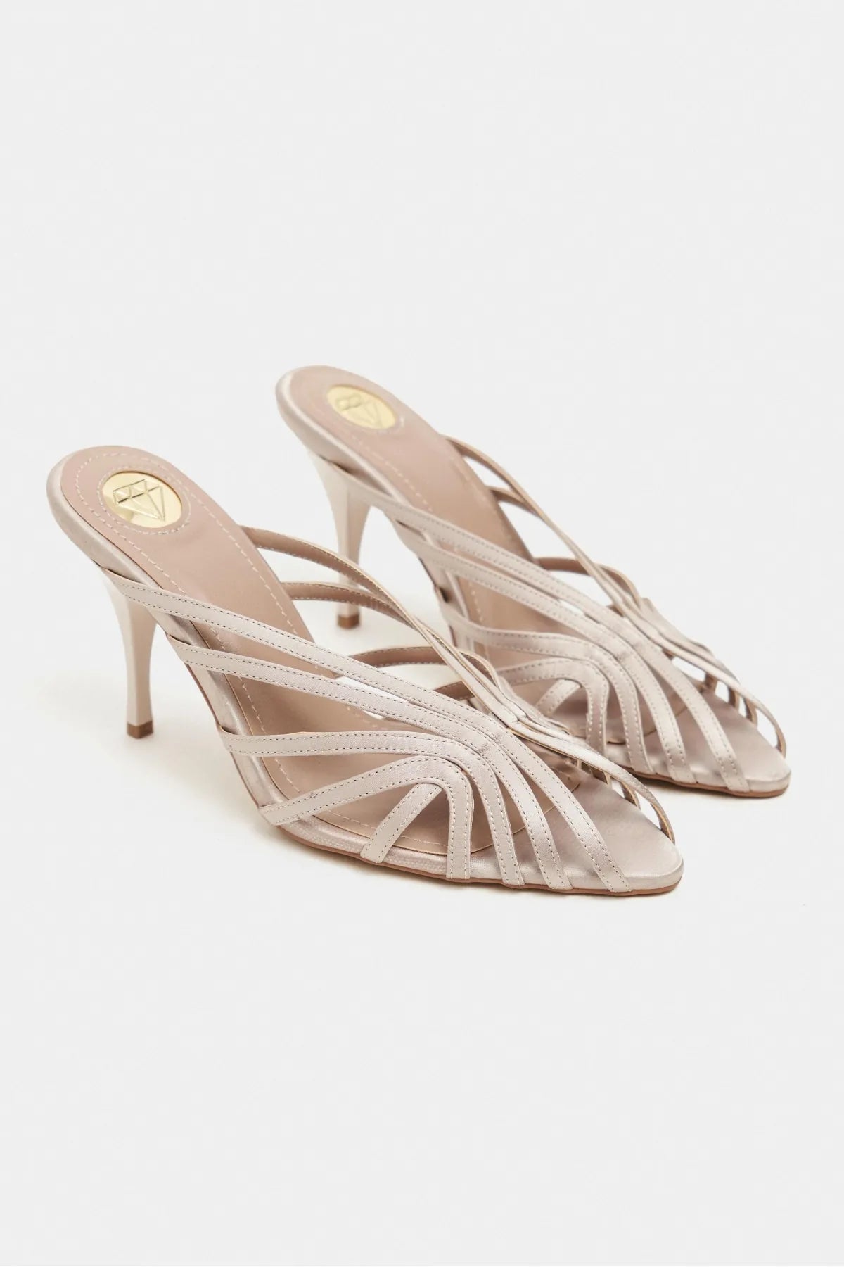JUDITH Dark Beige Satin Open Toe Cage Detail Women’s Heeled