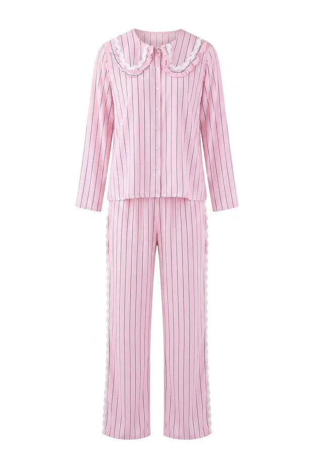 Pink Striped Collar & Ribbon Detail Viscose Woven Pajama Set