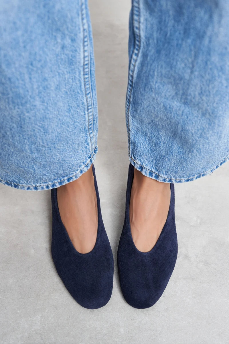 SAMIA Navy Blue Genuine Suede Leather Block Heel Flats – 4 cm