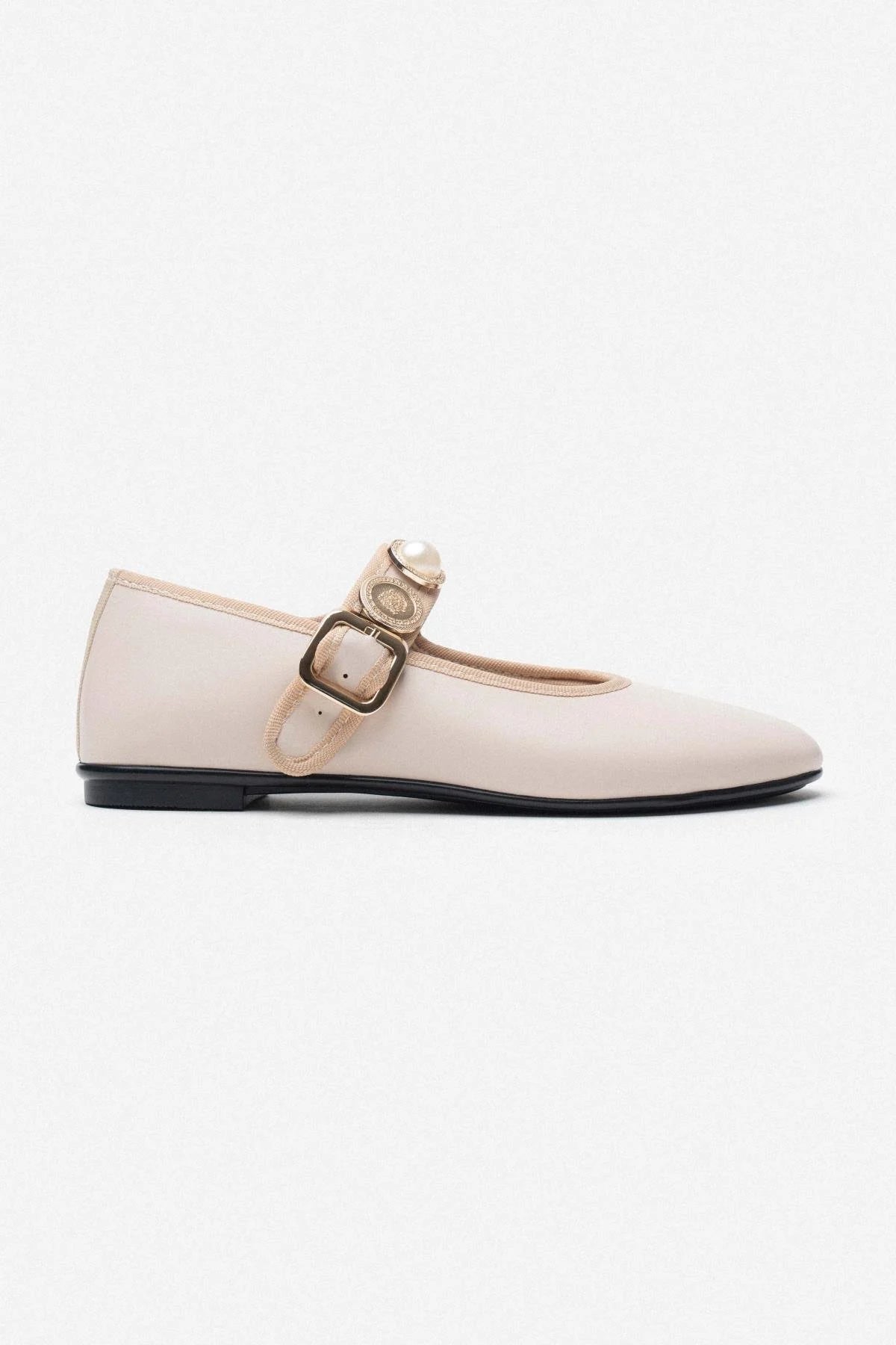 Krakow Beige Matte Accessory Detail Flat Sole Women's Ballerinas