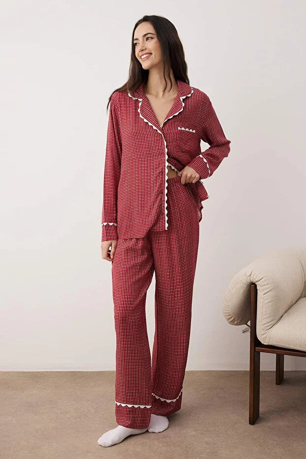 Burgundy Plaid/Checked Shally Woven Pajama Set | Home Wear | Pajamas | Lebbse Burgundy Plaid/Checked Shally Woven Pajama Set | Home Wear | Pajamas | Lebbse