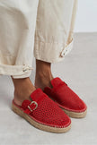 MAREN Red Suede Leather Laser-Cut Buckle Detail Wedge Sole Women's Espadrille Sandals