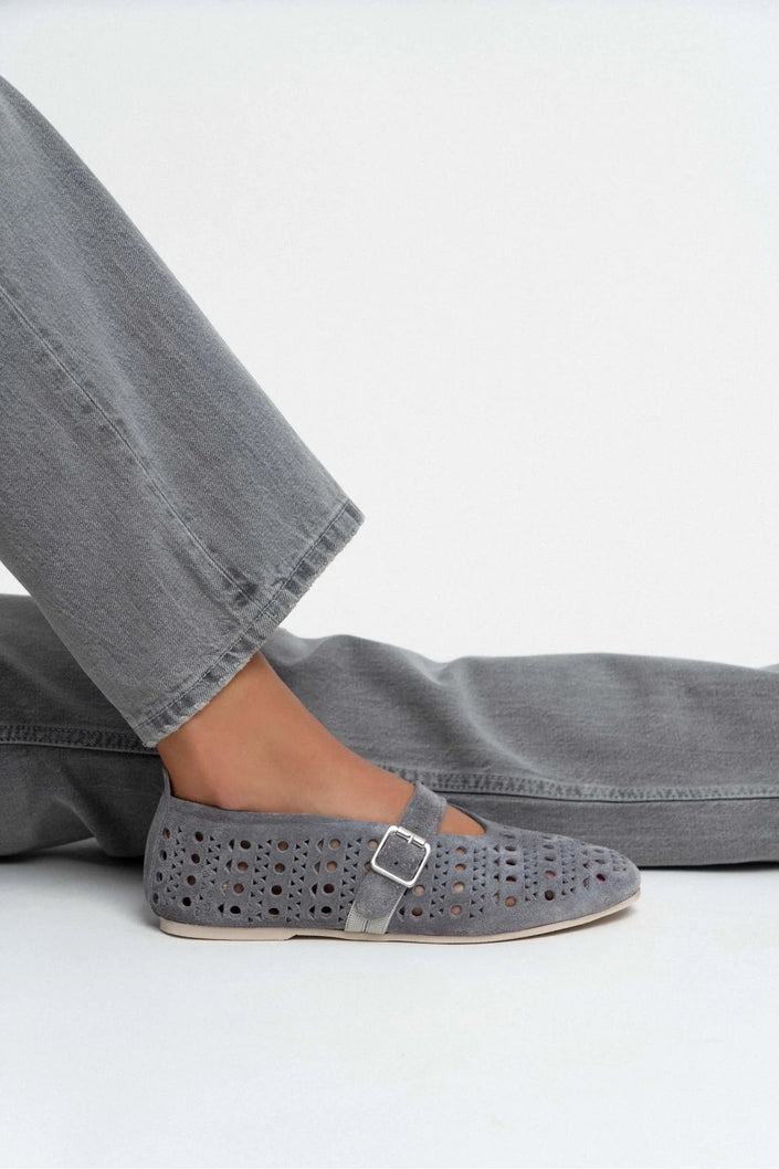 PATTER STONE SUEDE STUDDED GENUINE LEATHER BUCKLE DETAIL FLAT SOLE WOMEN'S BALLERINA