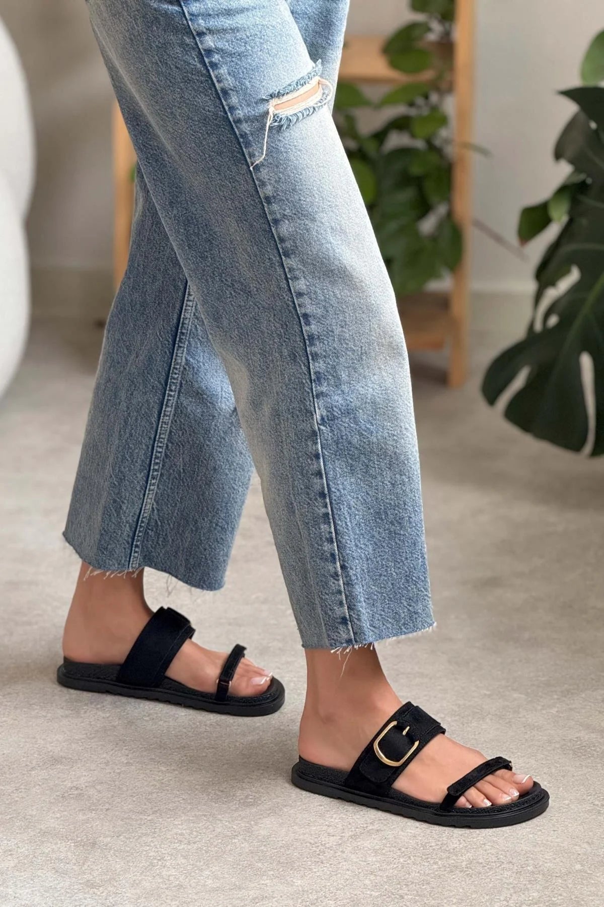 Pinky Black Suede Buckle Detail Velcro Flat Sole Women's Slippers