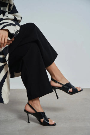 ZOYA Black Crinkled Cross Strap Women’s Thin Heel Sandals