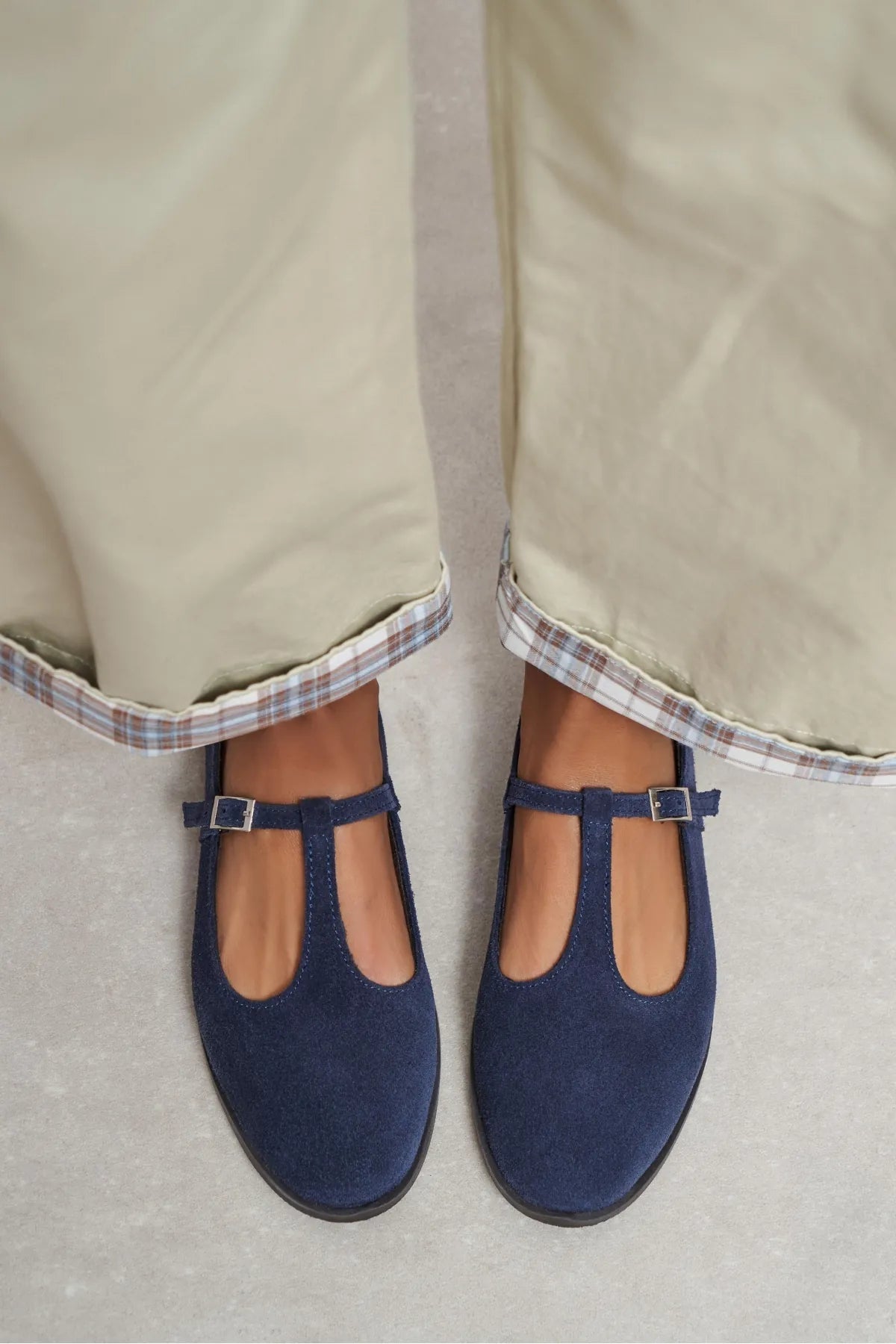 Mabel Navy Blue Genuine Suede Leather Buckle Detail Flat Women's Ballet Flats