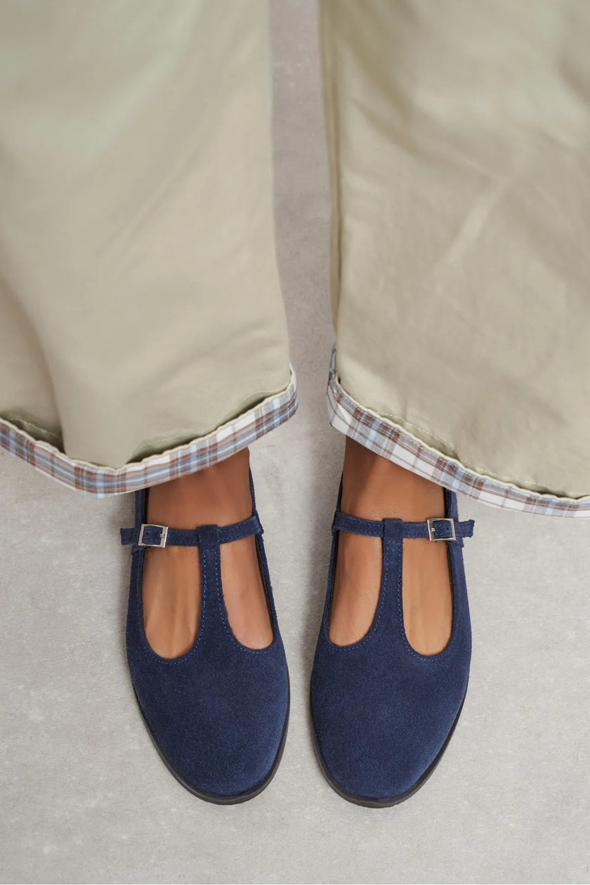 Mabel Navy Blue Genuine Suede Leather Buckle Detail Flat Women's Ballet Flats