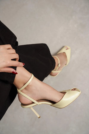 VELORA Butter Yellow Matte Square Toe Open Front Ankle Strap Women’s Heeled Shoes