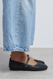 TITI Black Matte Genuine Leather Studded Buckle Detail Flat Women's Ballet Flats