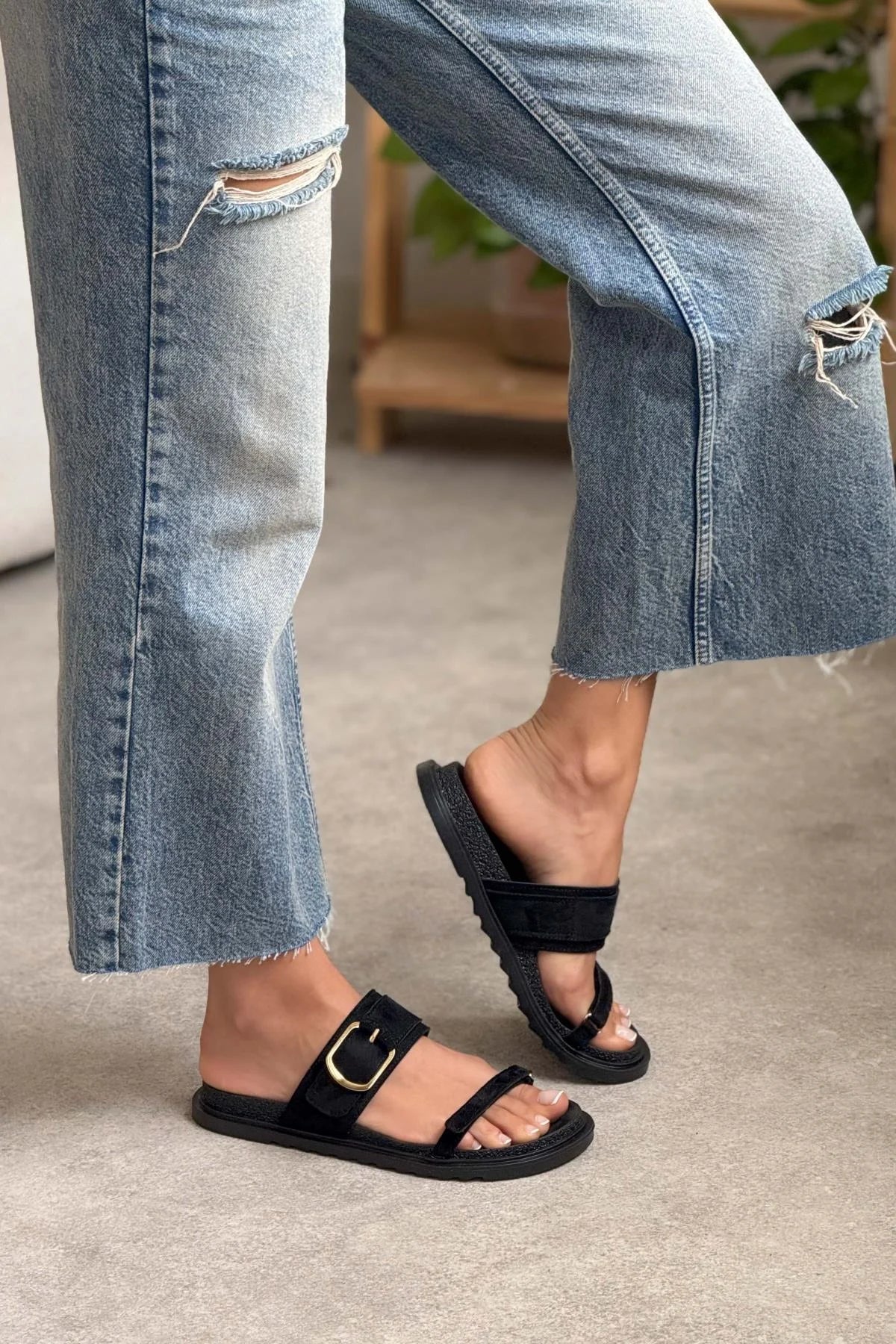 Pinky Black Suede Buckle Detail Velcro Flat Sole Women's Slippers
