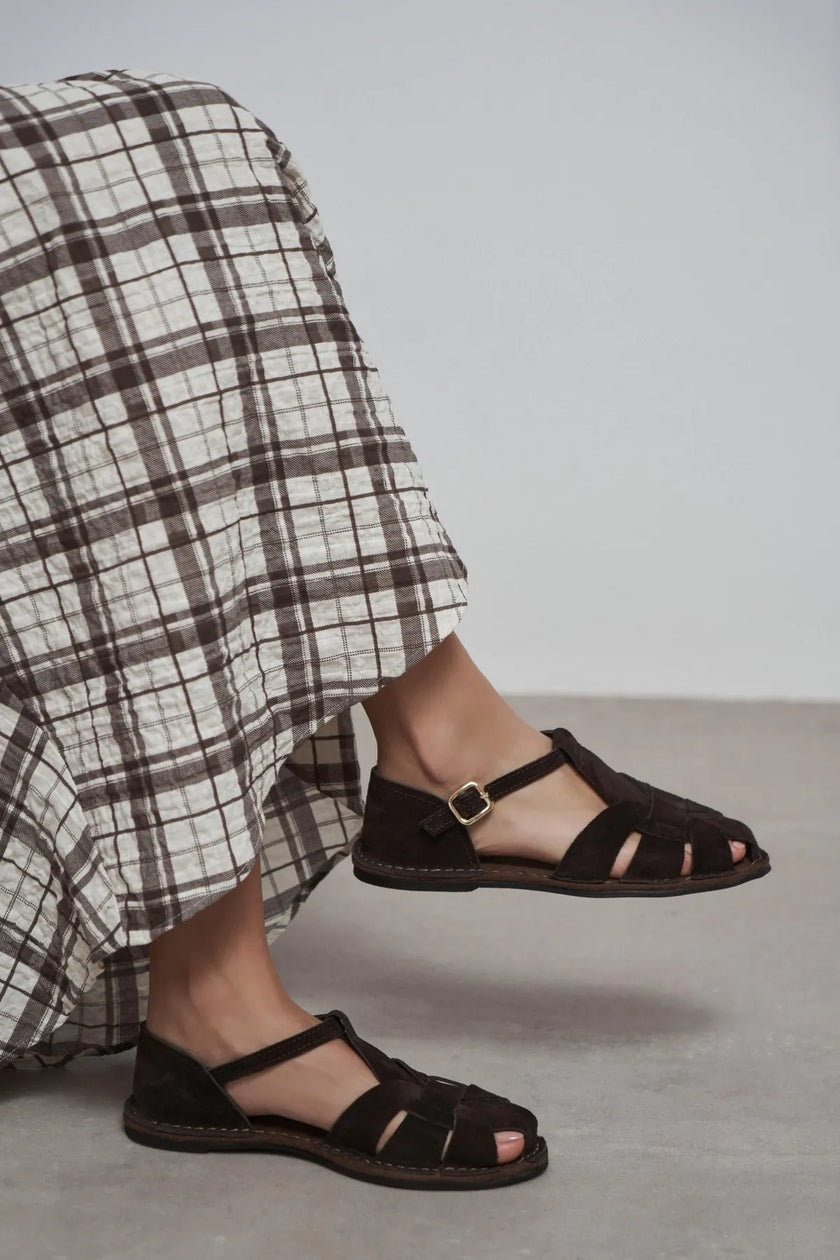 SOLTO Coffee Suede Leather Buckle Detail Flat Women’s Sandals
