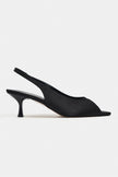 SALVA Black Satin Pointed Toe Open Front Women’s Heels