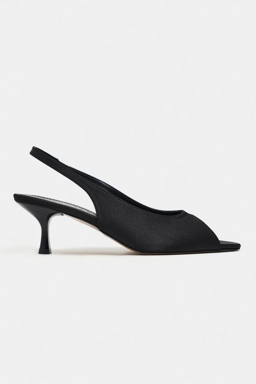 SALVA Black Satin Pointed Toe Open Front Women’s Heels