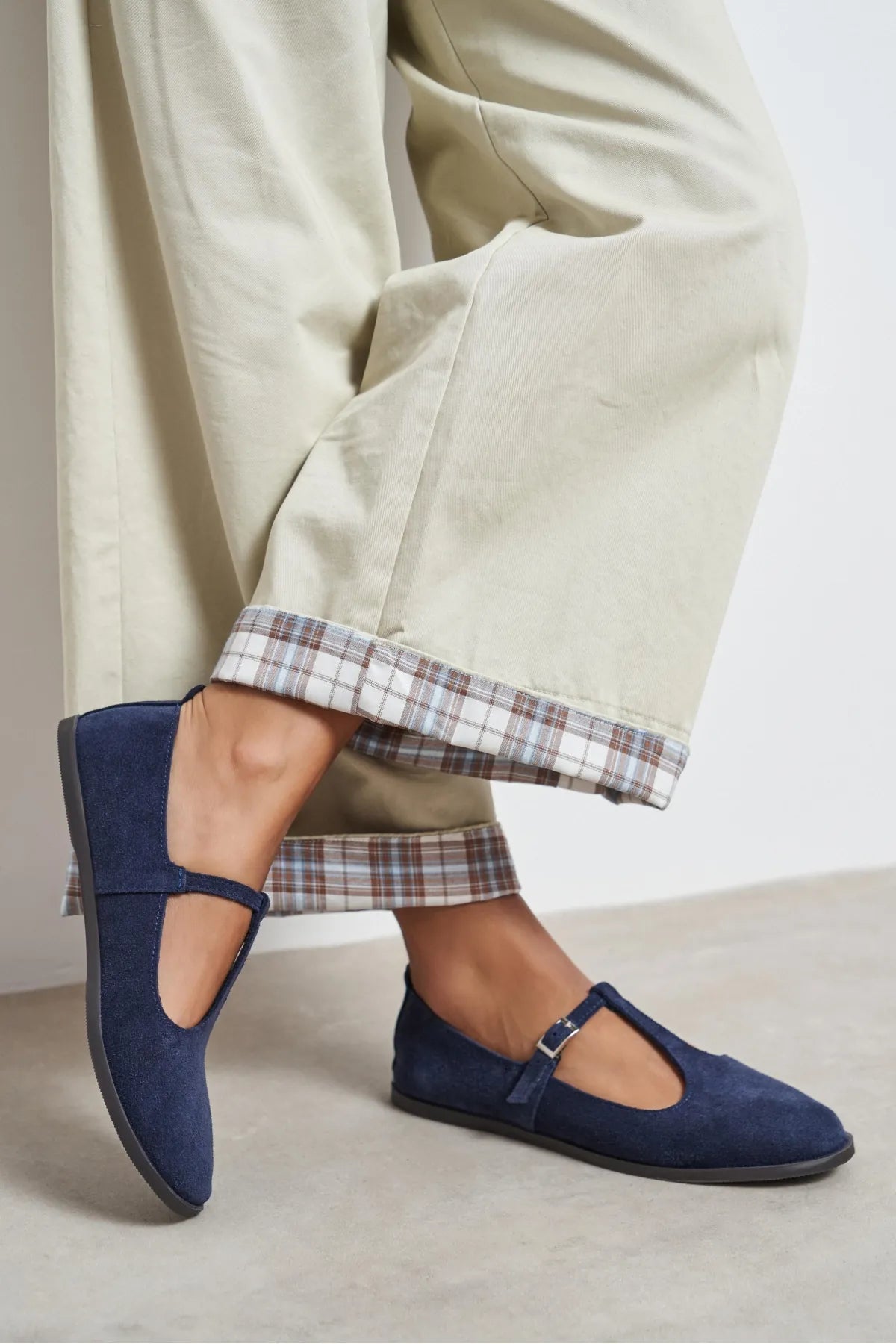 Mabel Navy Blue Genuine Suede Leather Buckle Detail Flat Women's Ballet Flats