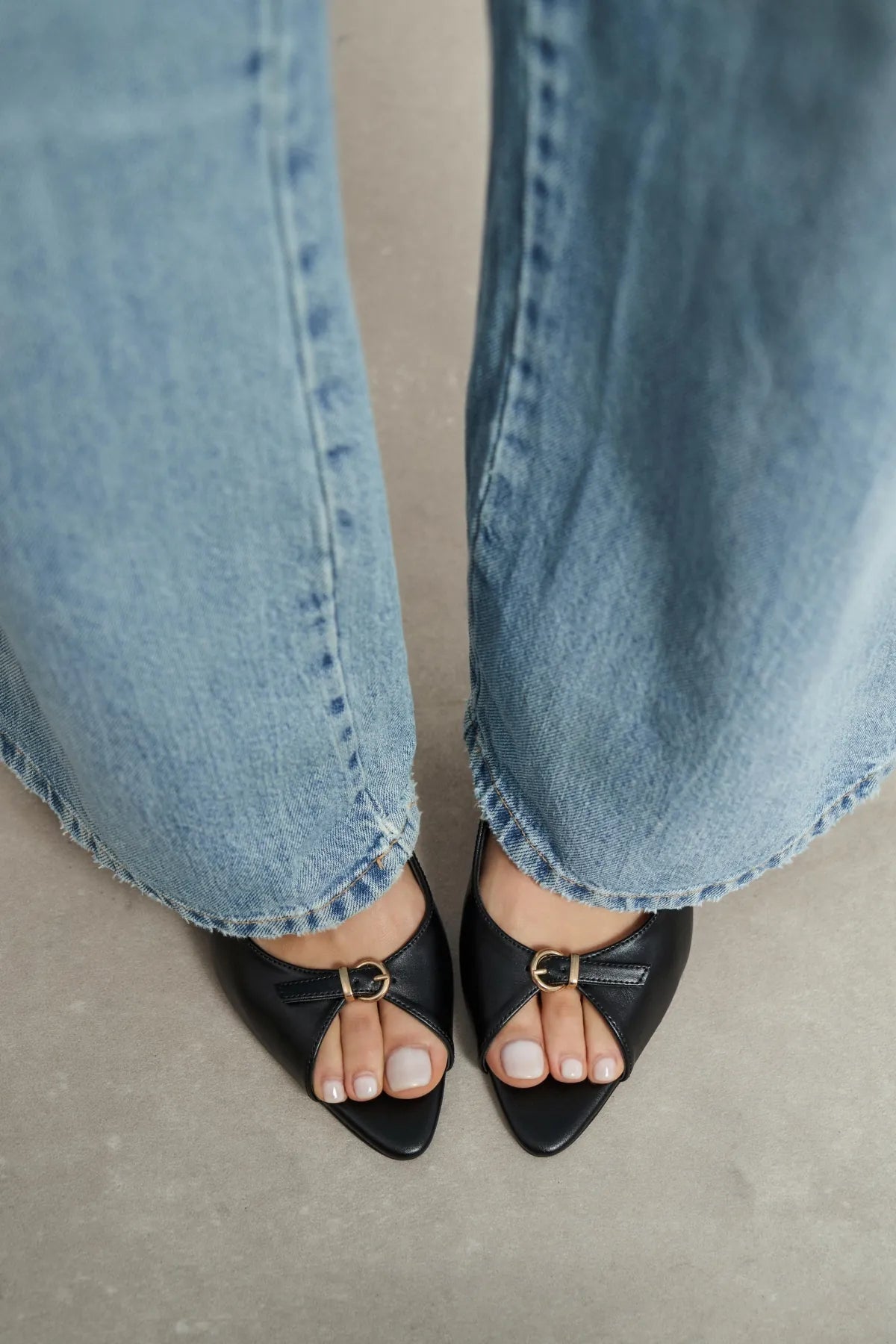 RONE Black Matte Pointed Toe Open Front Buckle Women’s Shoes