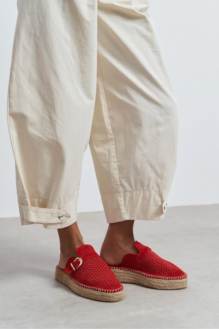 MAREN Red Suede Leather Laser-Cut Buckle Detail Wedge Sole Women's Espadrille Sandals
