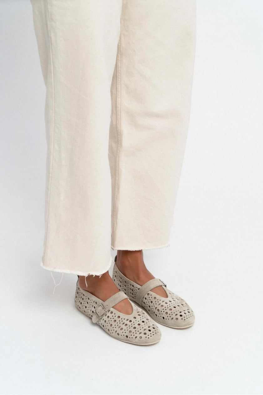 PATTER BEIGE SUEDE STUDDED GENUINE LEATHER BUCKLE DETAIL FLAT SOLE BALLERINA