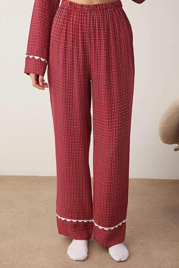 Burgundy Plaid/Checked Shally Woven Pajama Set | Home Wear | Pajamas | Lebbse Burgundy Plaid/Checked Shally Woven Pajama Set | Home Wear | Pajamas | Lebbse