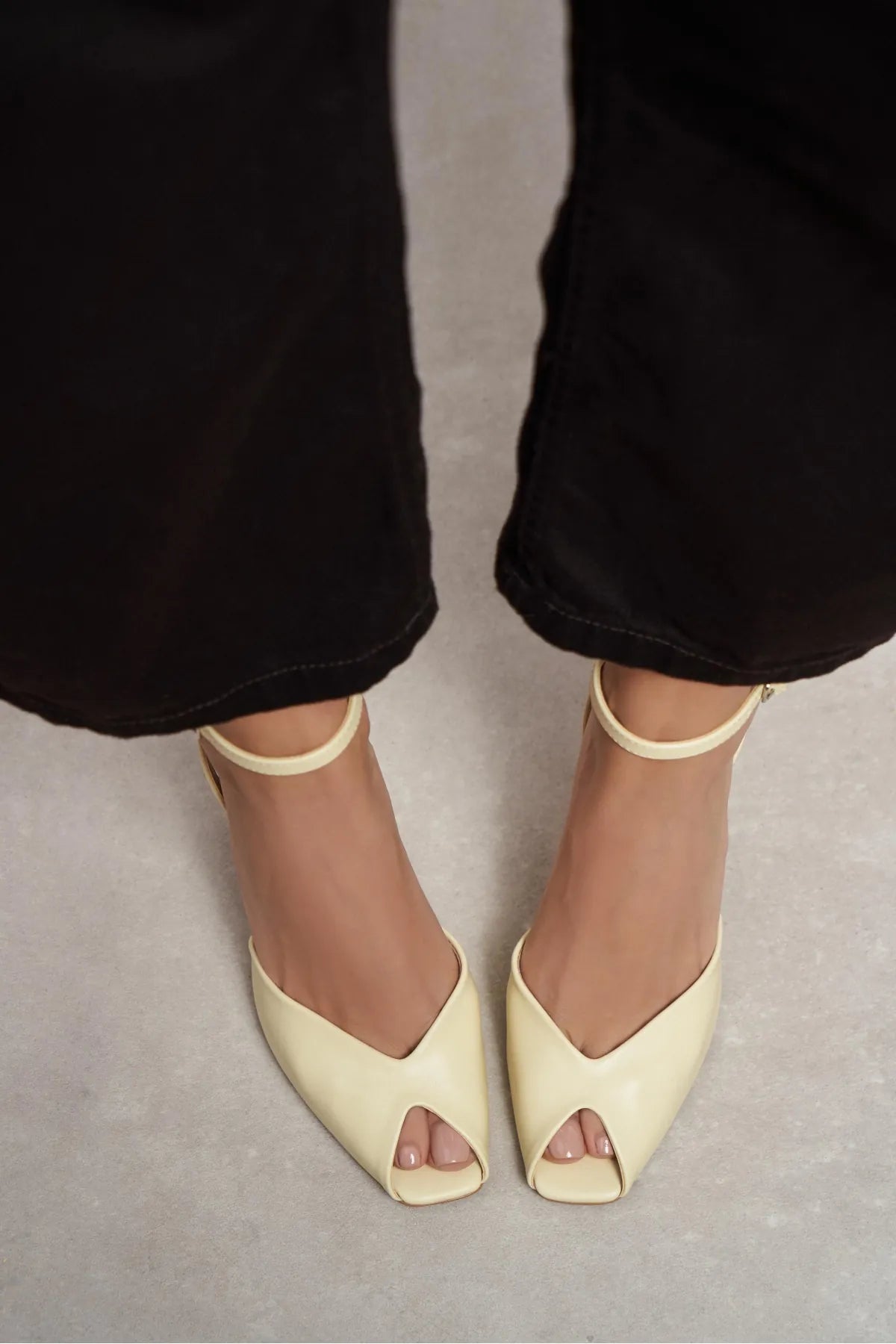 VELORA Butter Yellow Matte Square Toe Open Front Ankle Strap Women’s Heeled Shoes