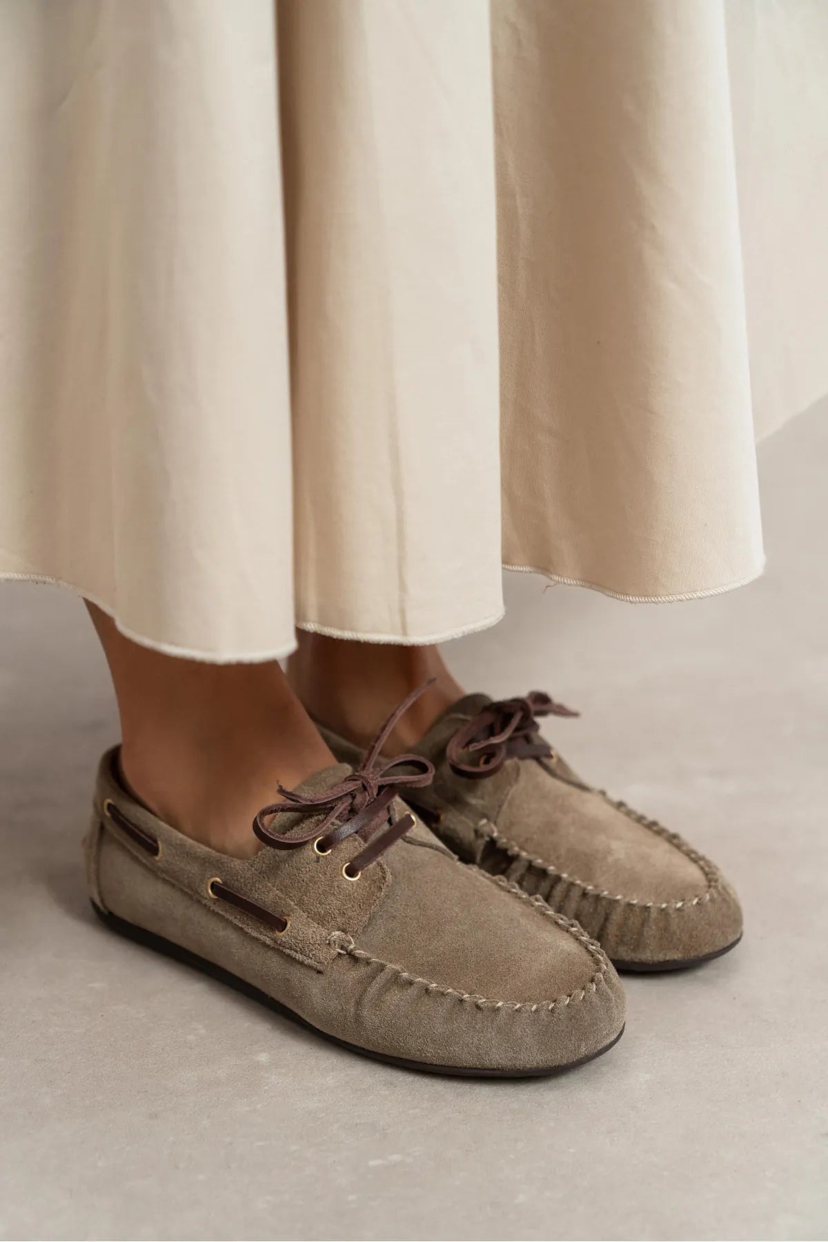 DOBY Dark Beige Suede Genuine Leather Lace-Up Women’s Loafer Shoes