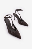 LIMEZ Brown Embroidered Mesh Pointed Toe Slingback Stiletto Heels