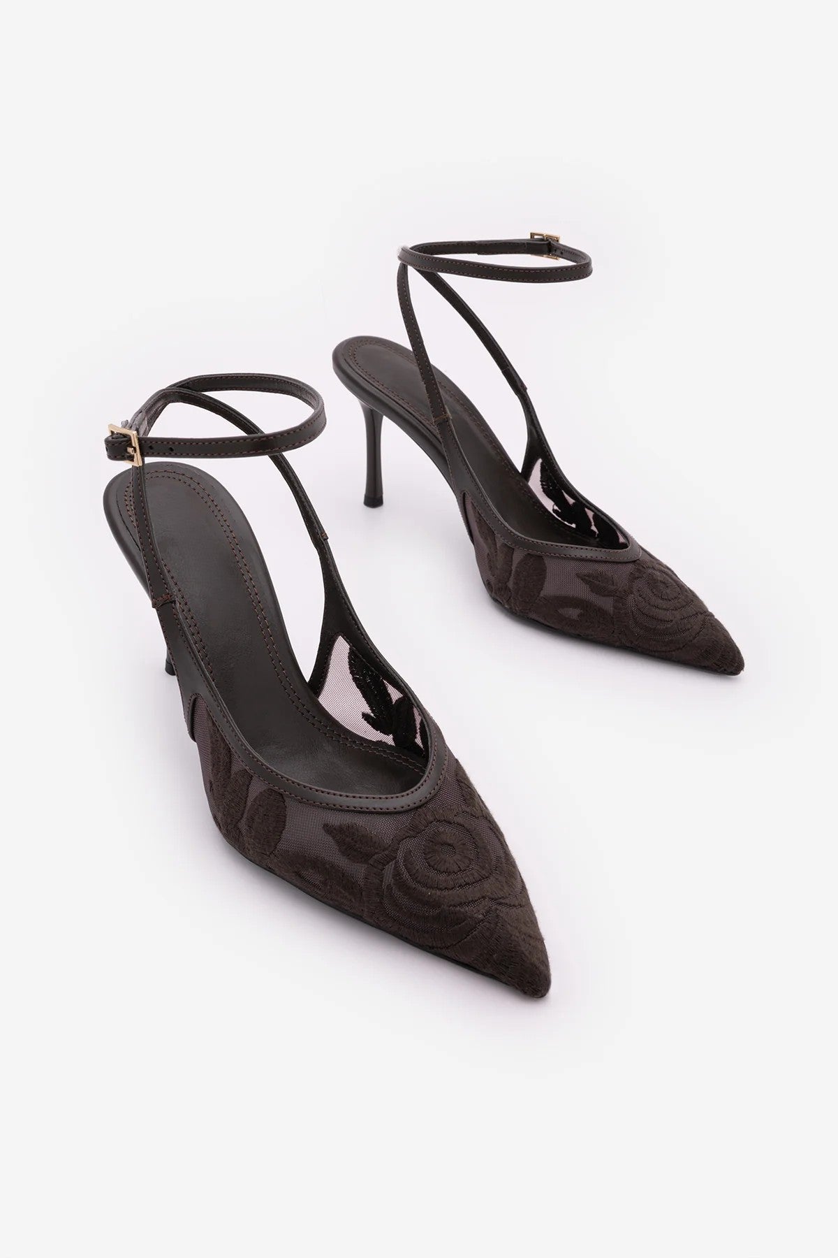 LIMEZ Brown Embroidered Mesh Pointed Toe Slingback Stiletto Heels