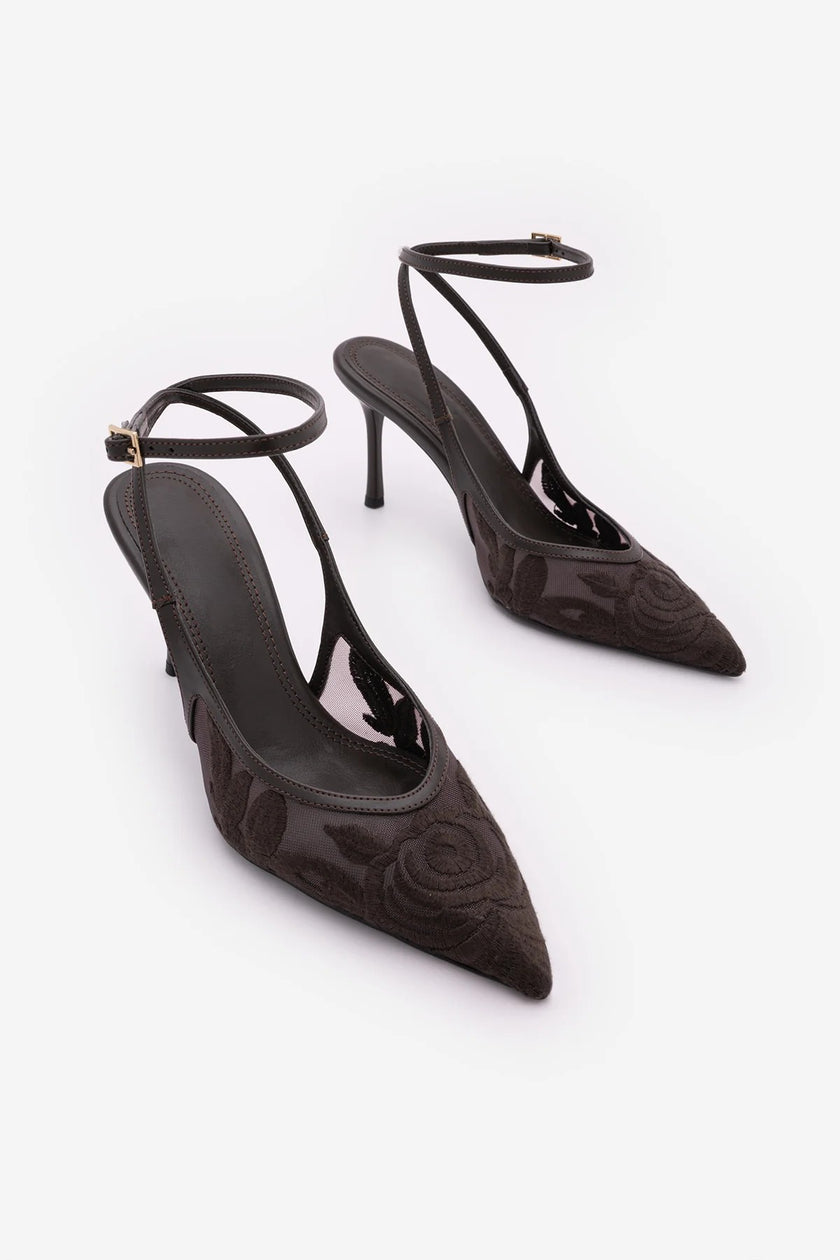 LIMEZ Brown Embroidered Mesh Pointed Toe Slingback Stiletto Heels