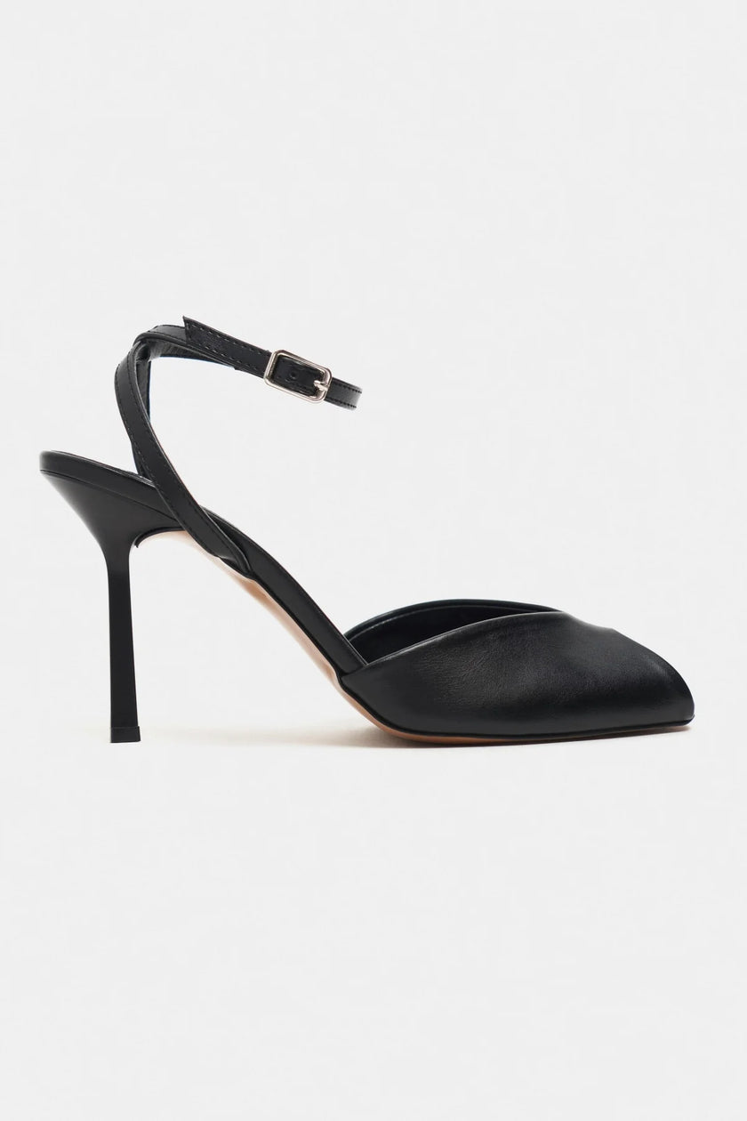 VELORA Black Matte Square Toe Open Front Ankle Strap Women’s Heeled Shoes