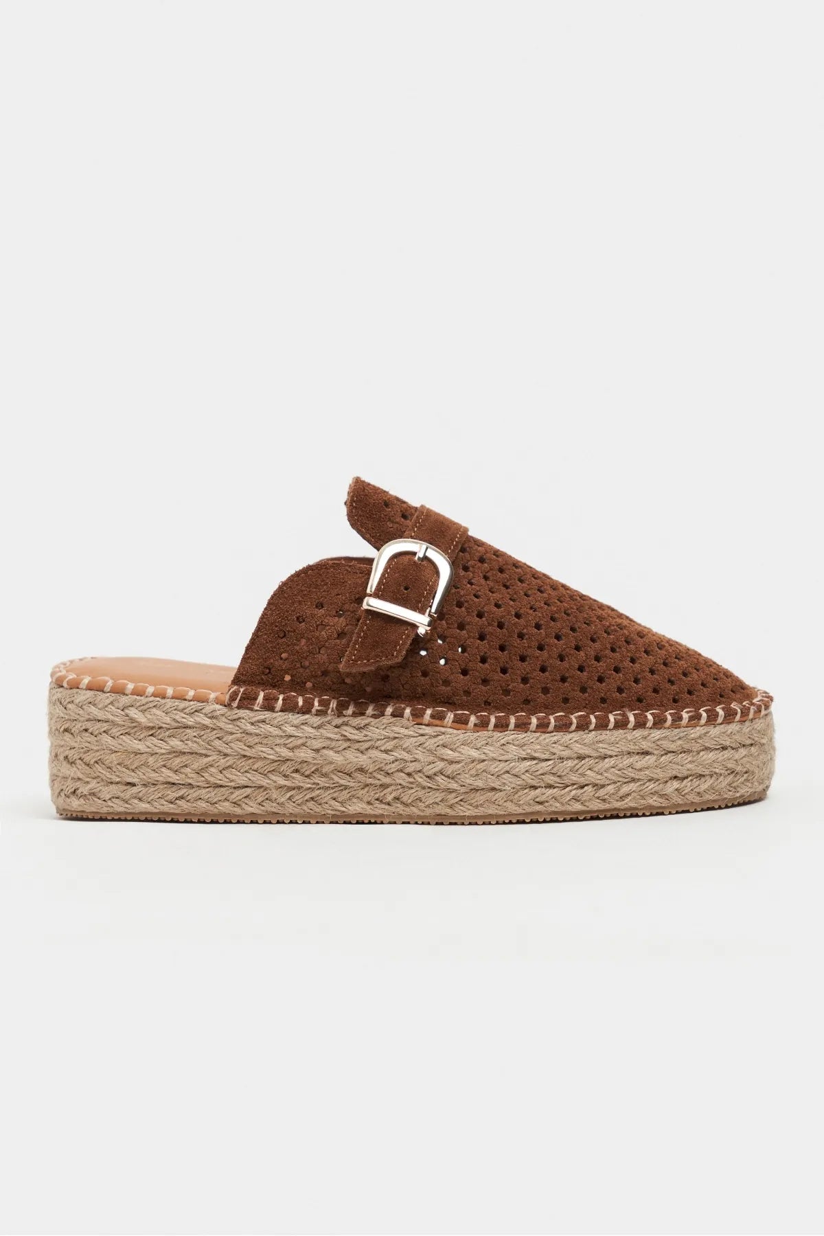 MAREN Tan Suede Leather Laser-Cut Buckle Detail Wedge Sole Women's Espadrille Sandals