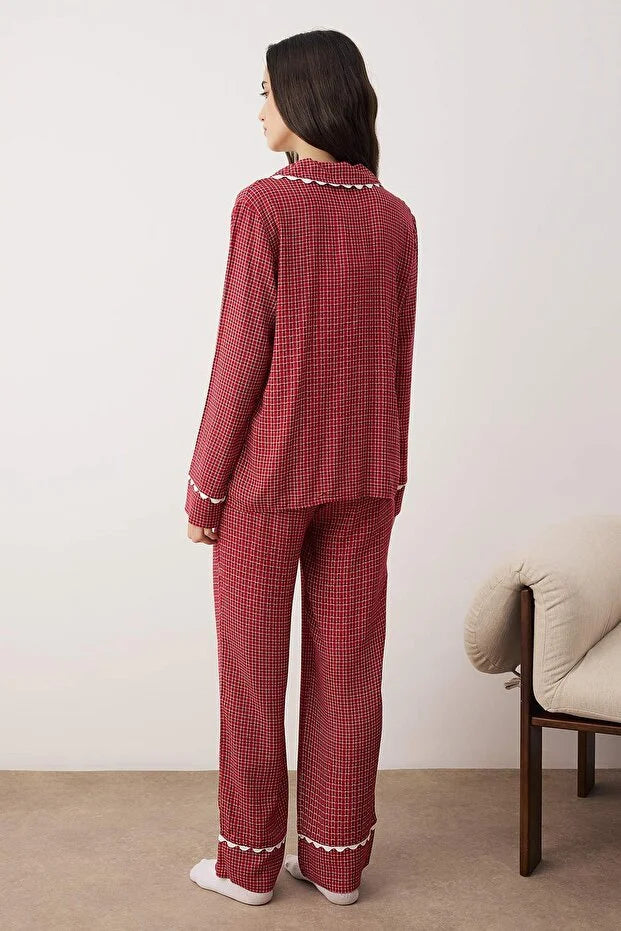 Burgundy Plaid/Checked Shally Woven Pajama Set | Home Wear | Pajamas | Lebbse Burgundy Plaid/Checked Shally Woven Pajama Set | Home Wear | Pajamas | Lebbse