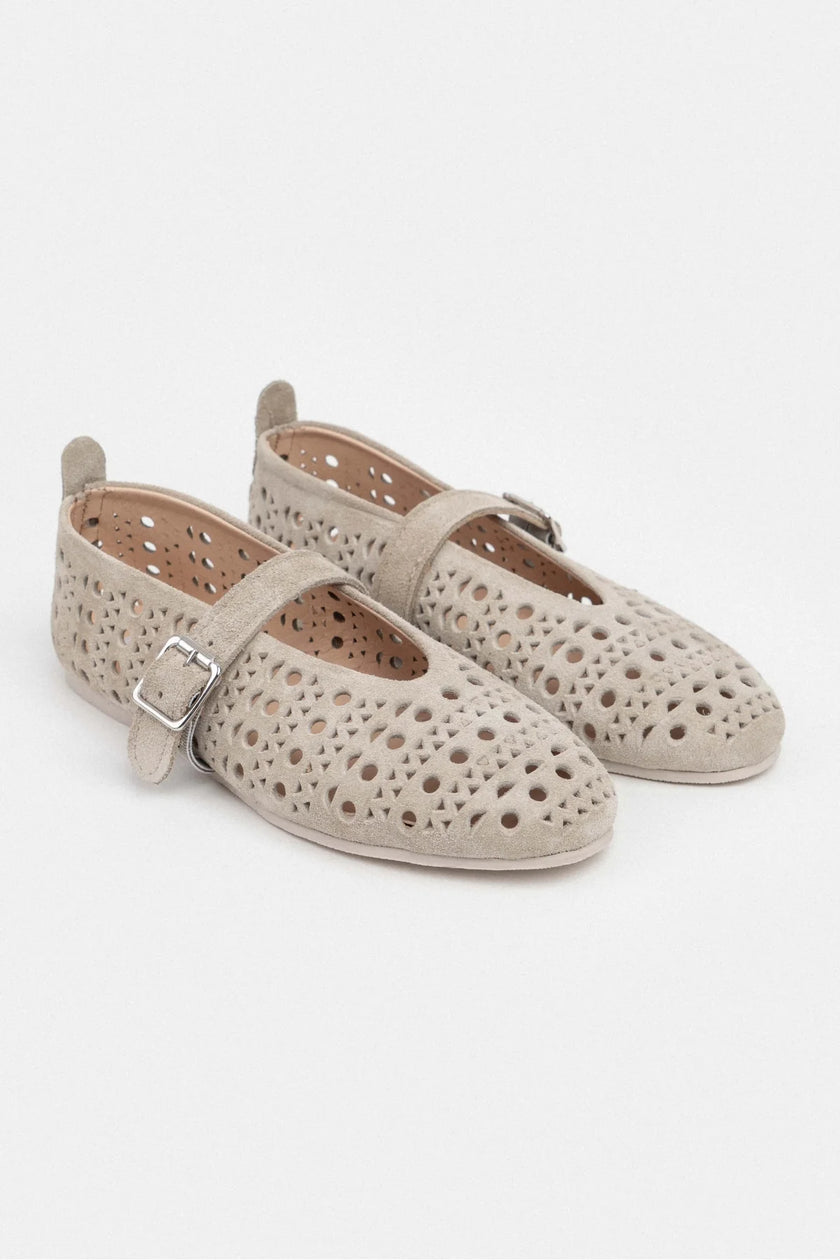 PATTER BEIGE SUEDE STUDDED GENUINE LEATHER BUCKLE DETAIL FLAT SOLE BALLERINA