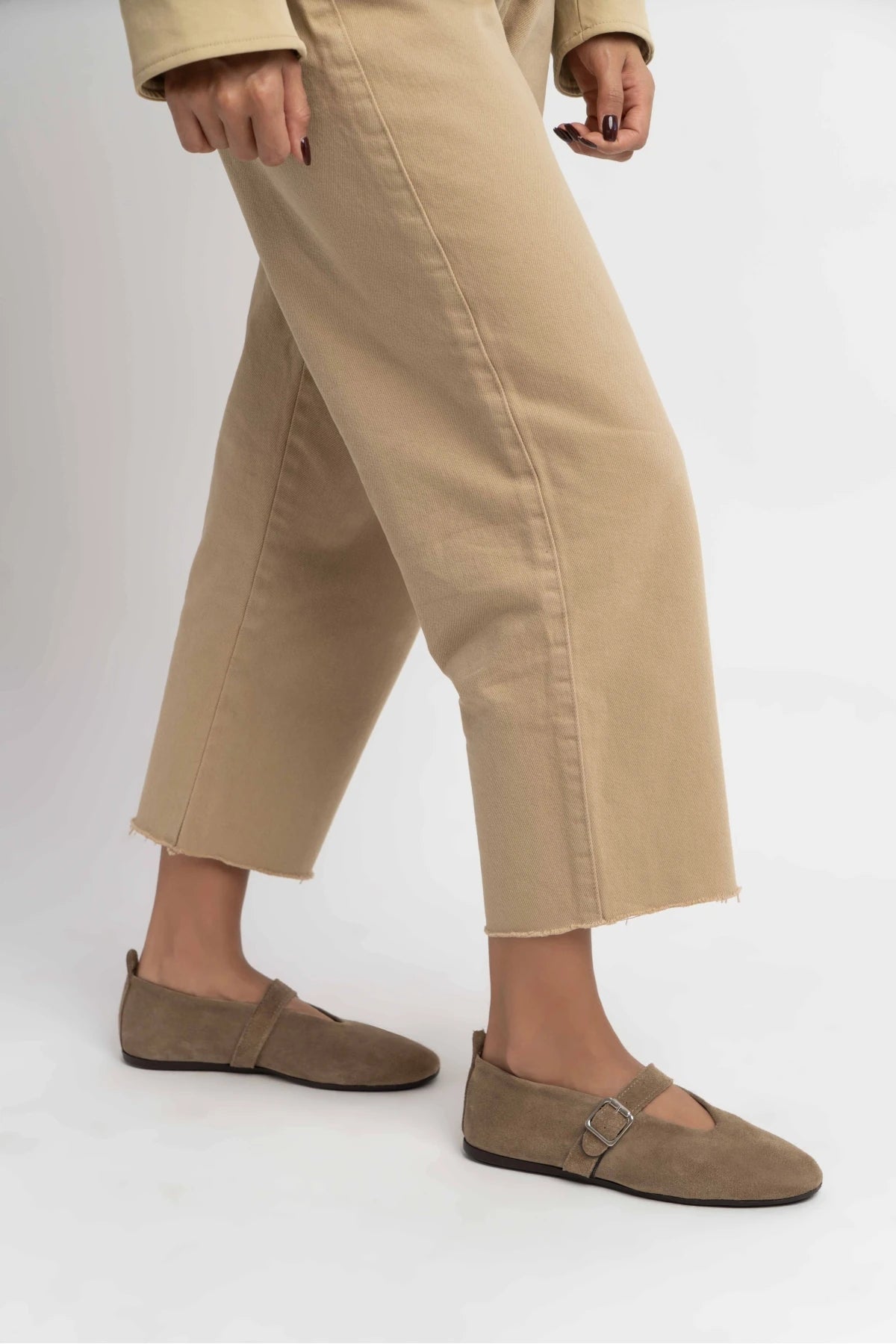 MERA ROME BEIGE BUCKLE DETAIL  BUCKLE DETAIL FLAT SOLE WOMEN'S BALLERINA