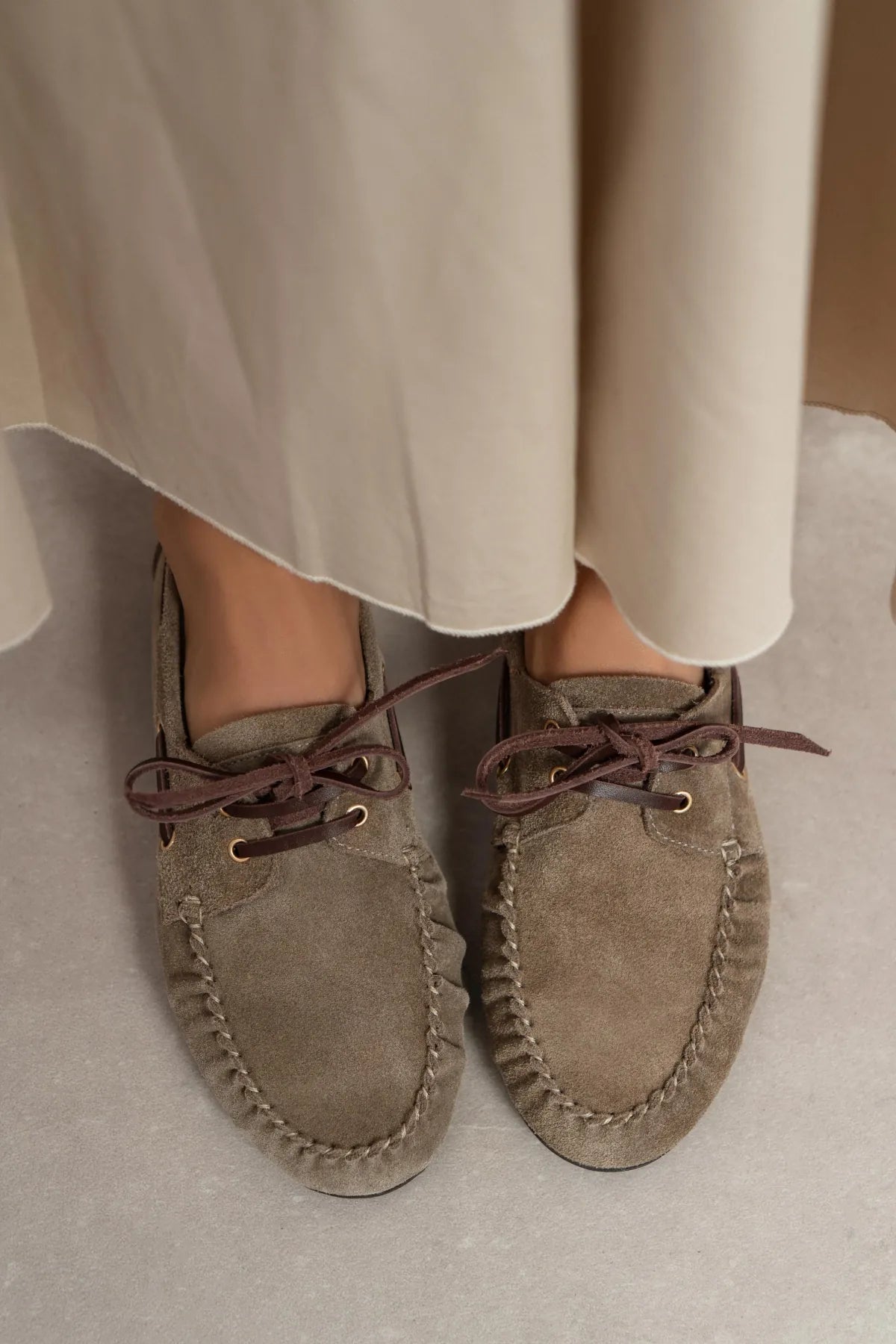 DOBY Dark Beige Suede Genuine Leather Lace-Up Women’s Loafer Shoes