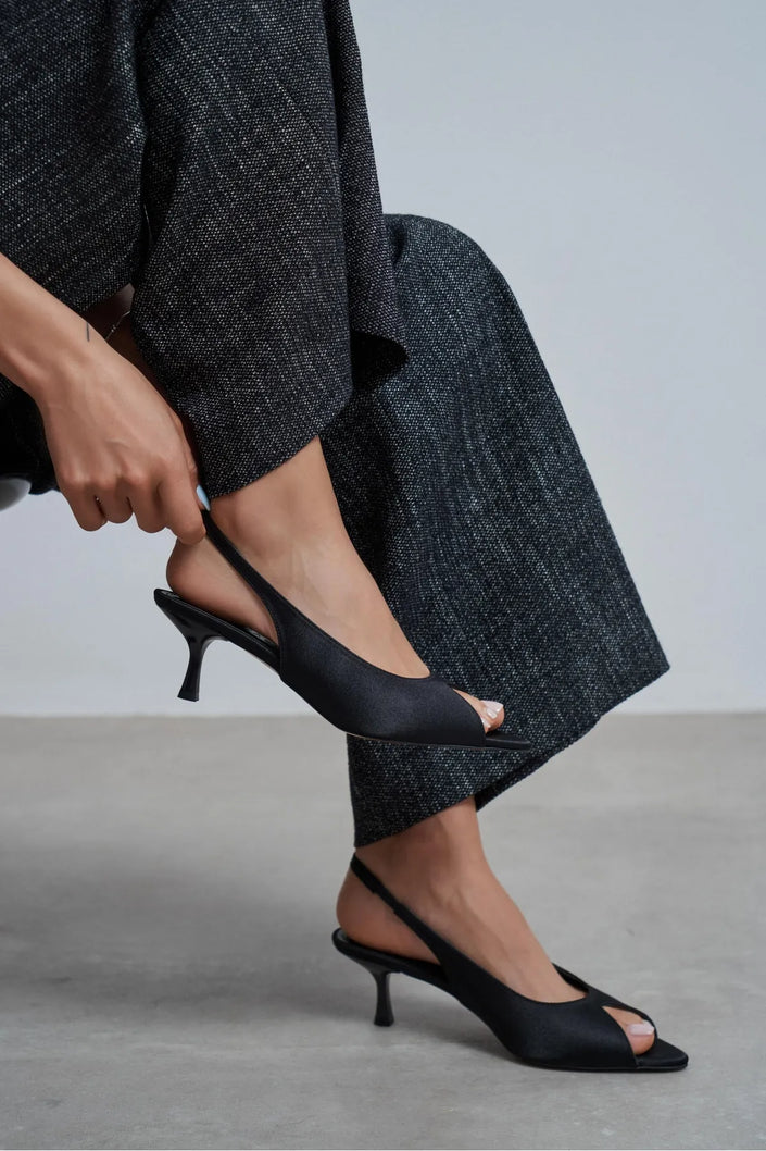 SALVA Black Satin Pointed Toe Open Front Women’s Heels