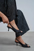 SALVA Black Satin Pointed Toe Open Front Women’s Heels