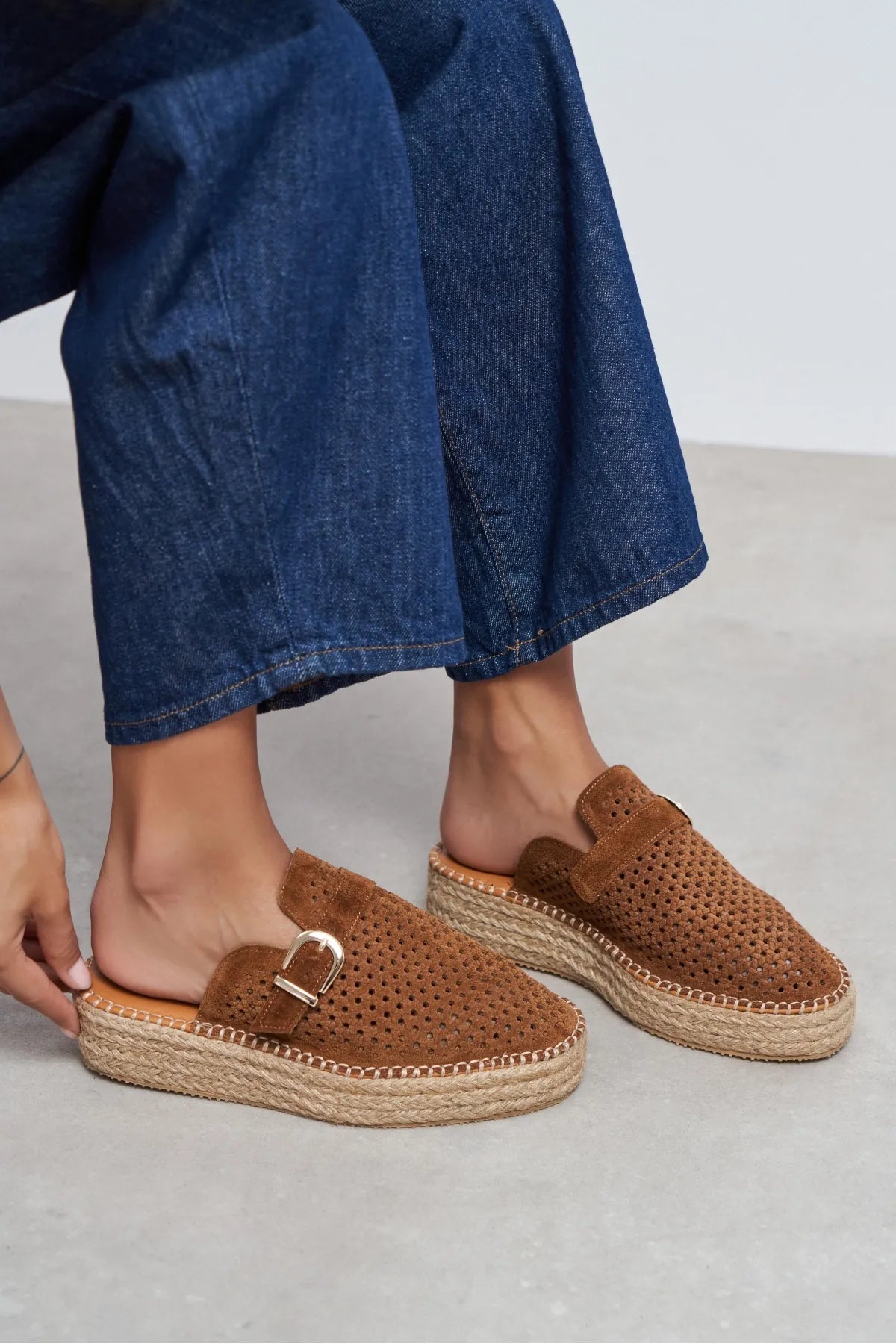 MAREN Tan Suede Leather Laser-Cut Buckle Detail Wedge Sole Women's Espadrille Sandals