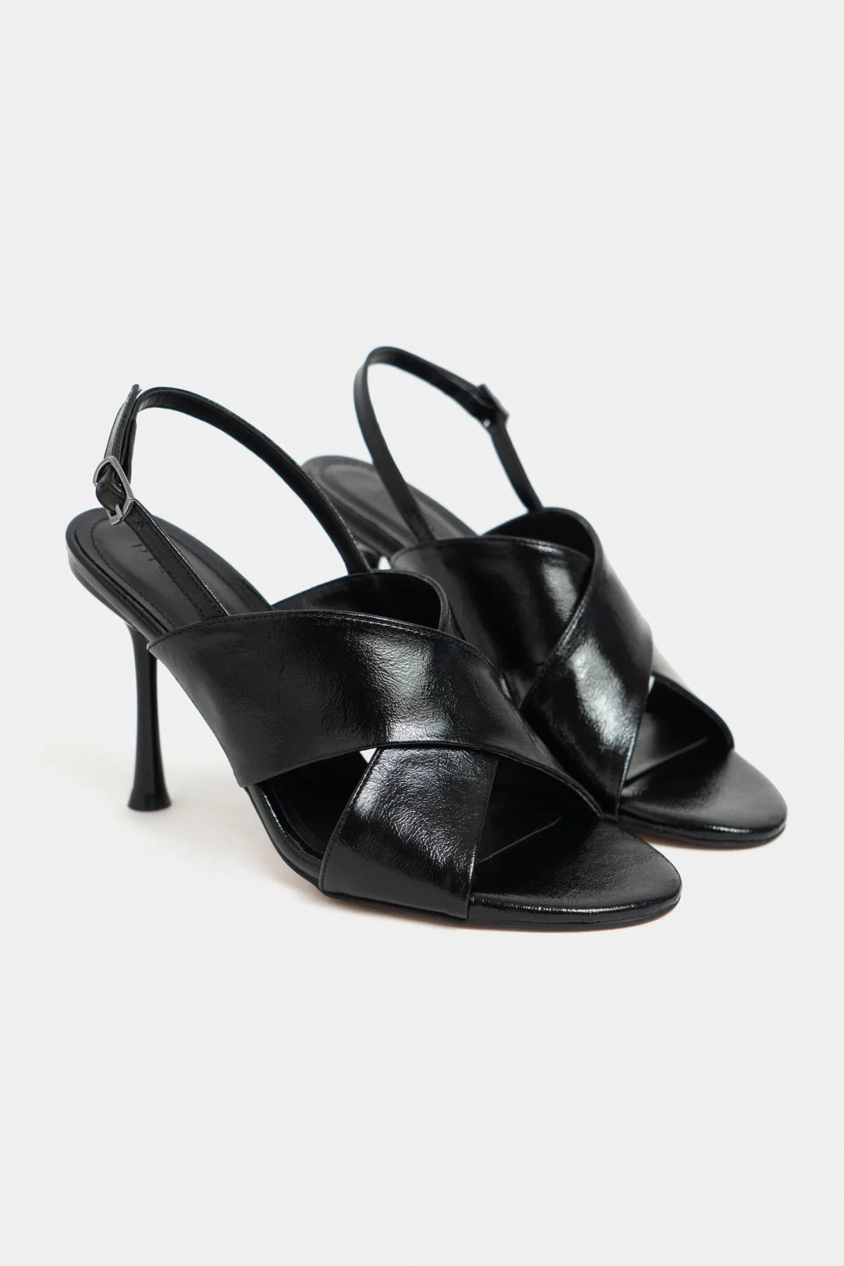 ZOYA Black Crinkled Cross Strap Women’s Thin Heel Sandals