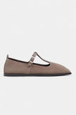Mabel Dark Beige Genuine Suede Leather Buckle Detail Flat Women's Ballet Flats