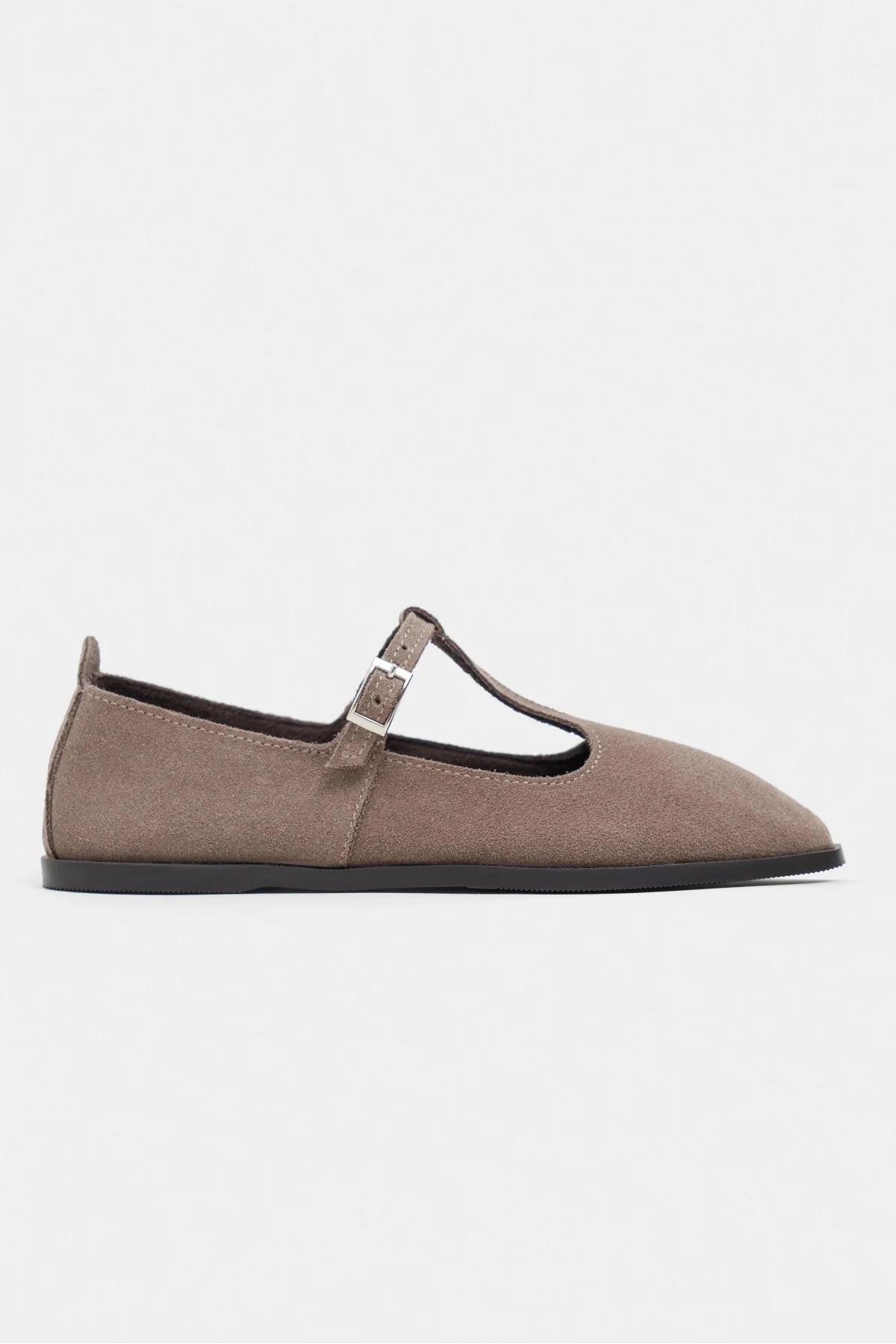 Mabel Dark Beige Genuine Suede Leather Buckle Detail Flat Women's Ballet Flats
