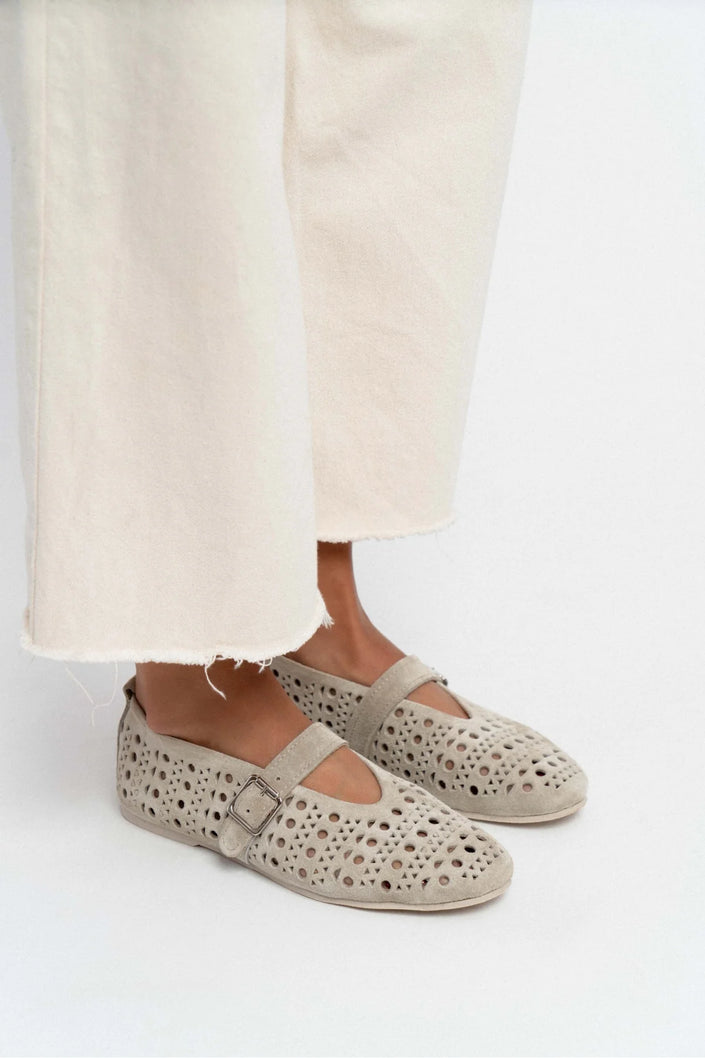 PATTER BEIGE SUEDE STUDDED GENUINE LEATHER BUCKLE DETAIL FLAT SOLE BALLERINA