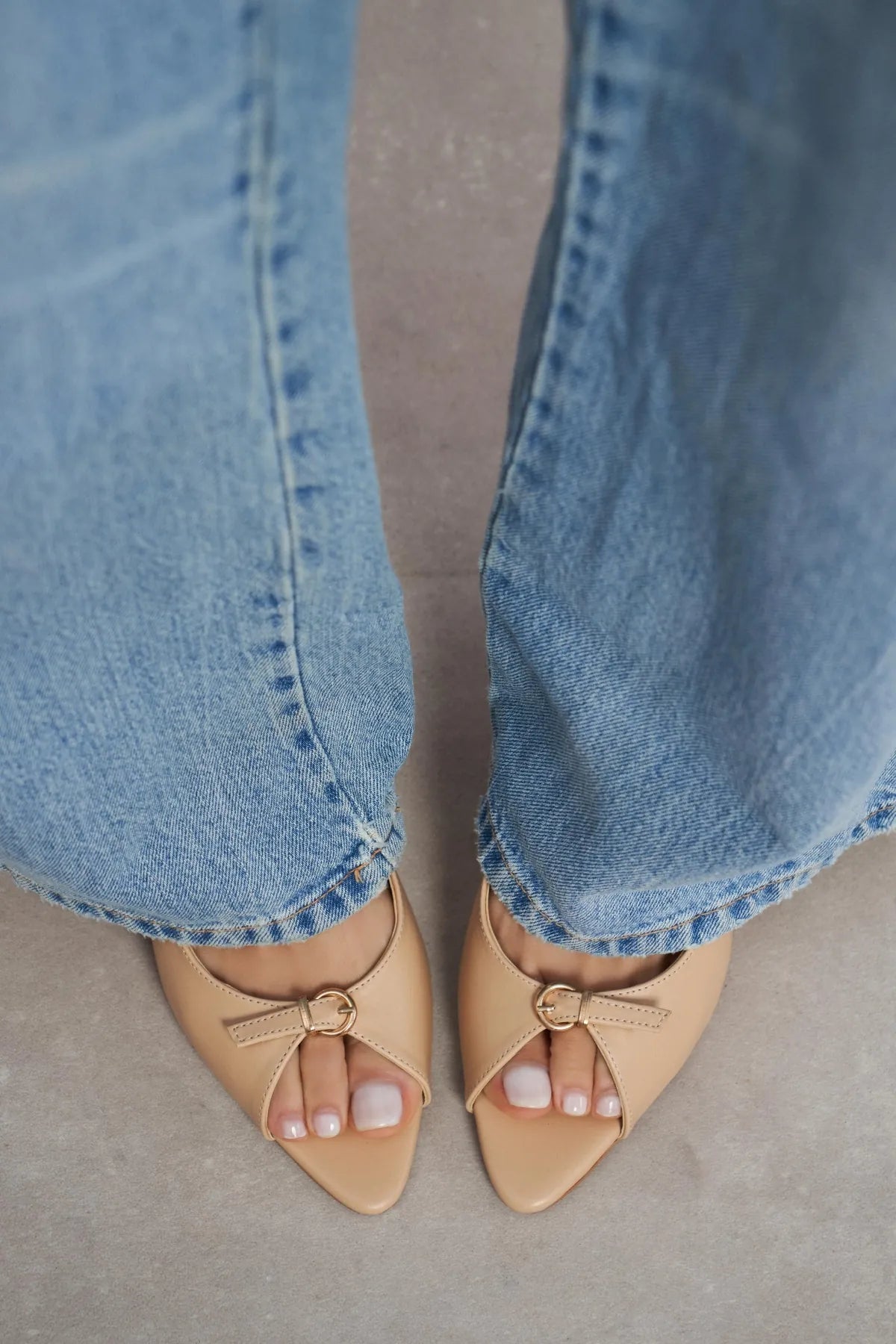 RONE Nude Matte Pointed Toe Open Front Buckle Women’s Shoes